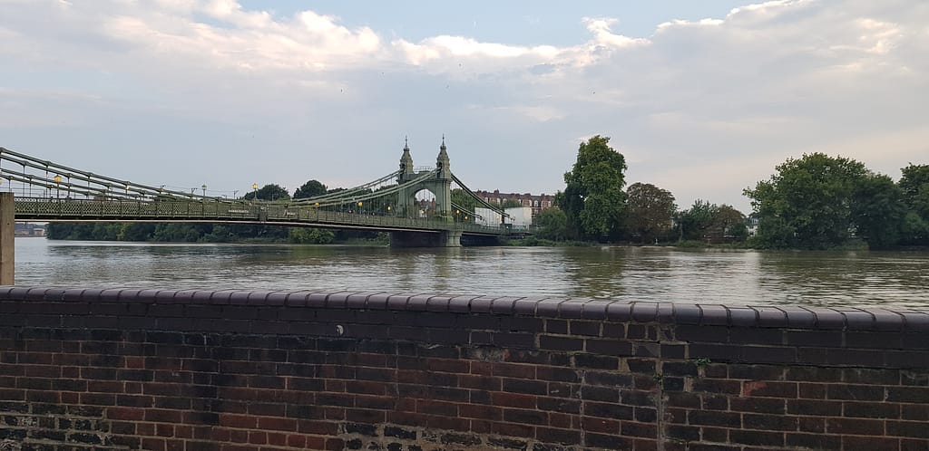 View to Hammersmith Bridge from the Fuller's pub, The Dove on a warm early September evening after a Fuller's tour.